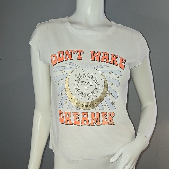 Vinyl Icons White Graphic Tee with Gold Sun and Moon Don't Wake The Dreamer Sz M - Picture 1 of 7